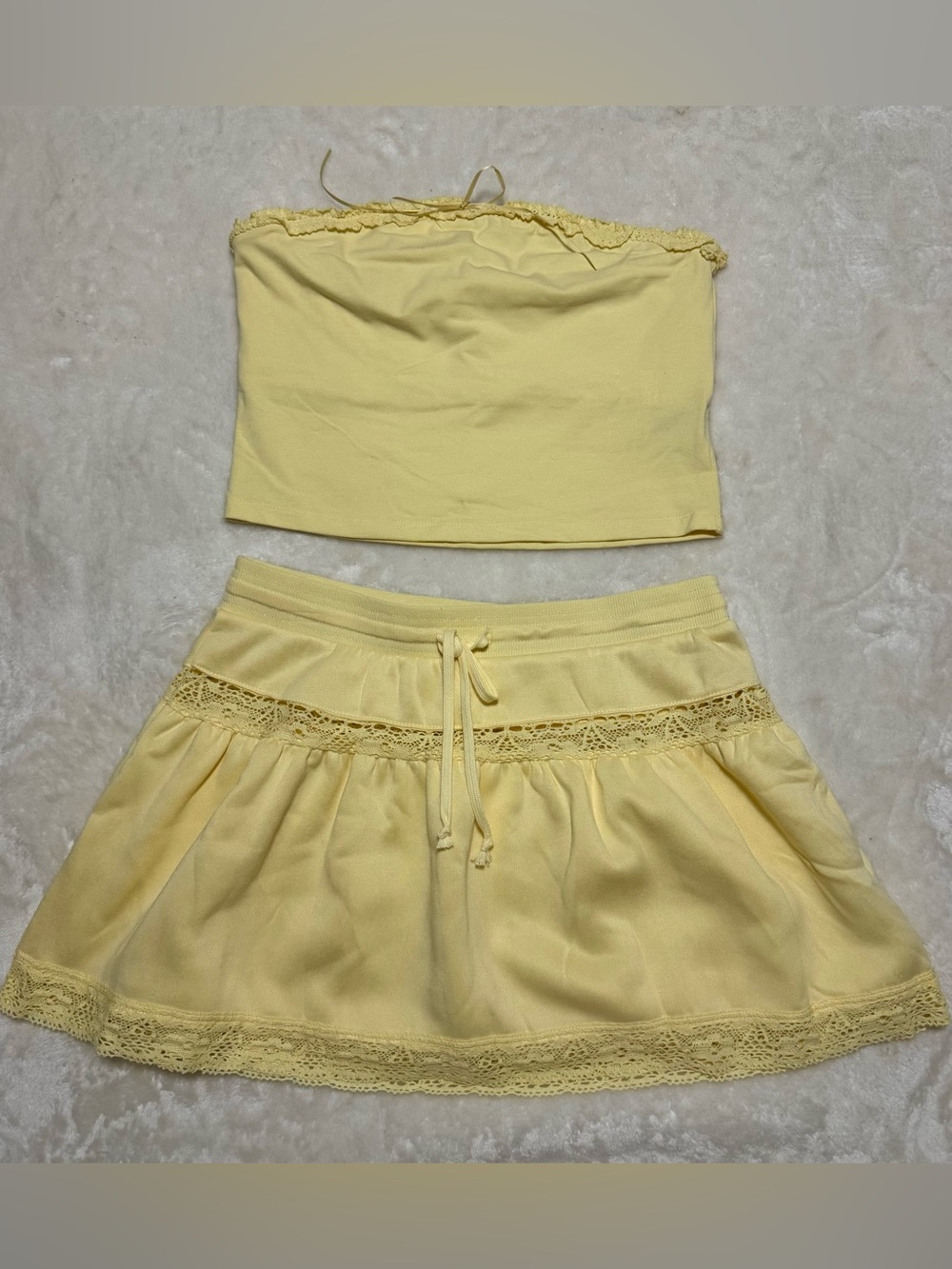 Yellow Lace-Trim Tube Top & Skater Skirt Set - Women